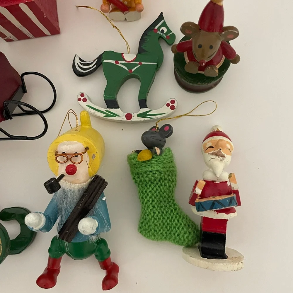 Vintage 1970s/1980s Wood Christmas Ornament Lot Kid Theme
